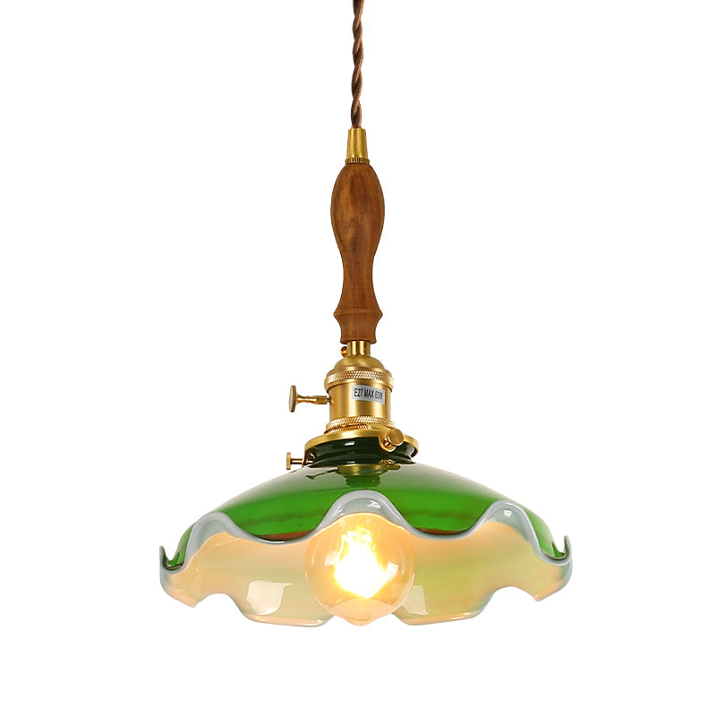 Messing kleiner Anhänger Beleuchtung Vintage Greenglas 1-Kopf-Hanglampe mit Drehschalter