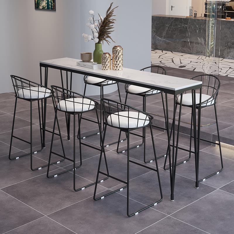 White Modern Style Rectangle Bar Table in Faux Marble and Metal Bar Table, Only Table