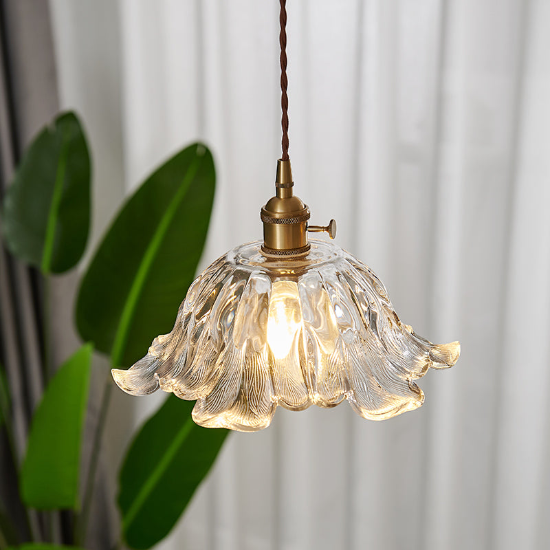 Clear Textured Glass Brass Pendant Floral 1-Light Vintage Hanging Light for Dining Room