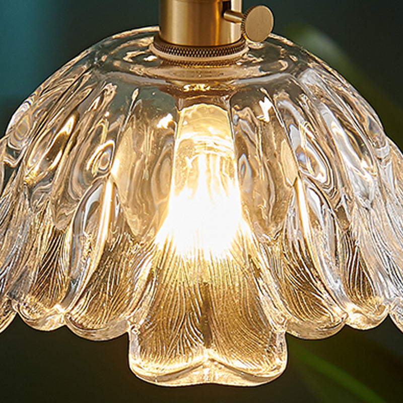 Clear Textured Glass Brass Pendant Floral 1-Light Vintage Hanging Light for Dining Room