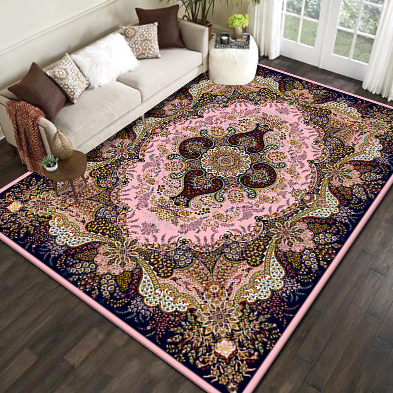 Wine Red Bohemian Rug Polyester Graphic Rug Washable Rug for Living Room