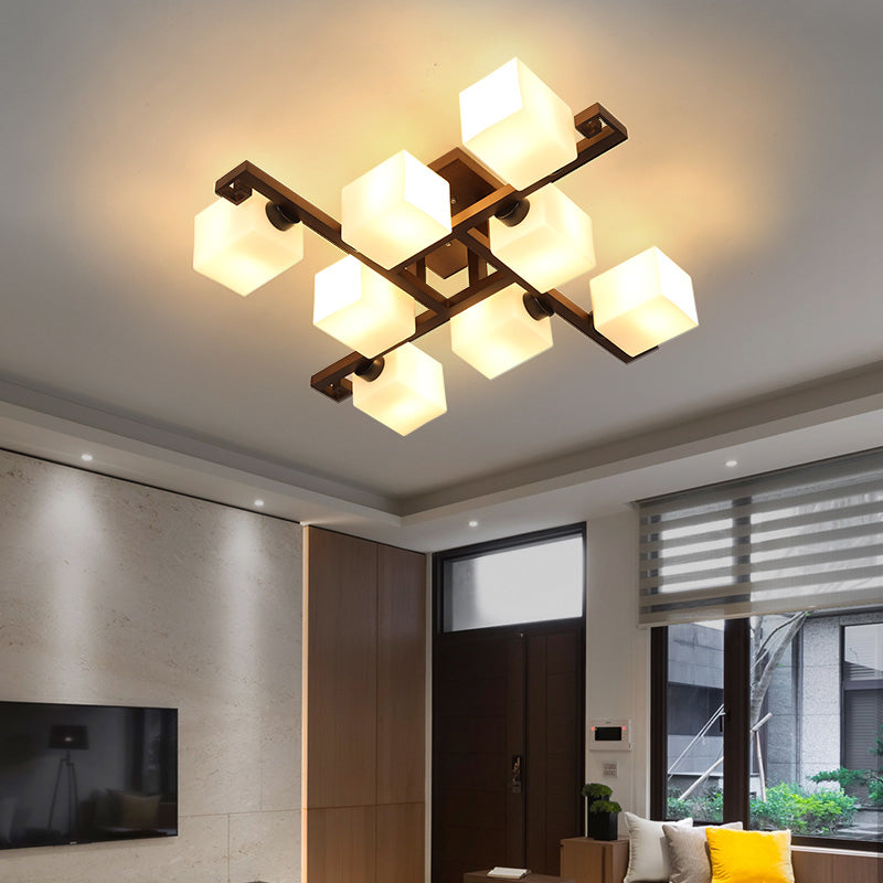 Contemporary Cube Flush Light Fixture Wood Flush Mount Ceiling Fixture in Brown