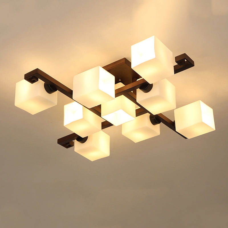 Contemporary Cube Flush Light Fixture Wood Flush Mount Ceiling Fixture in Brown