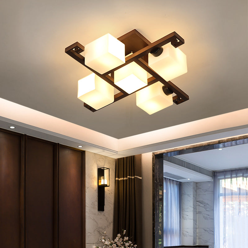 Contemporary Cube Flush Light Fixture Wood Flush Mount Ceiling Fixture in Brown