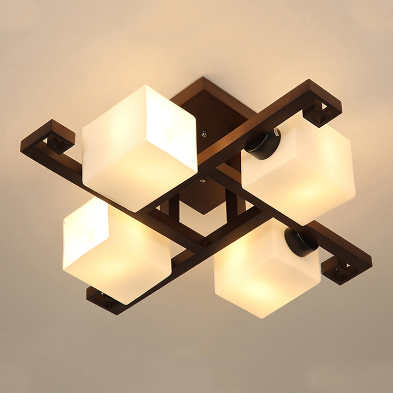 Contemporary Cube Flush Light Fixture Wood Flush Mount Ceiling Fixture in Brown