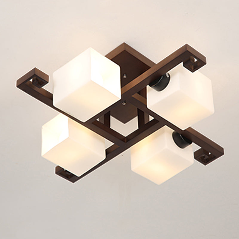 Contemporary Cube Flush Light Fixture Wood Flush Mount Ceiling Fixture in Brown