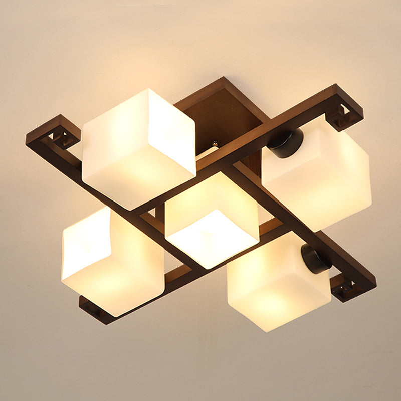 Contemporary Cube Flush Light Fixture Wood Flush Mount Ceiling Fixture in Brown