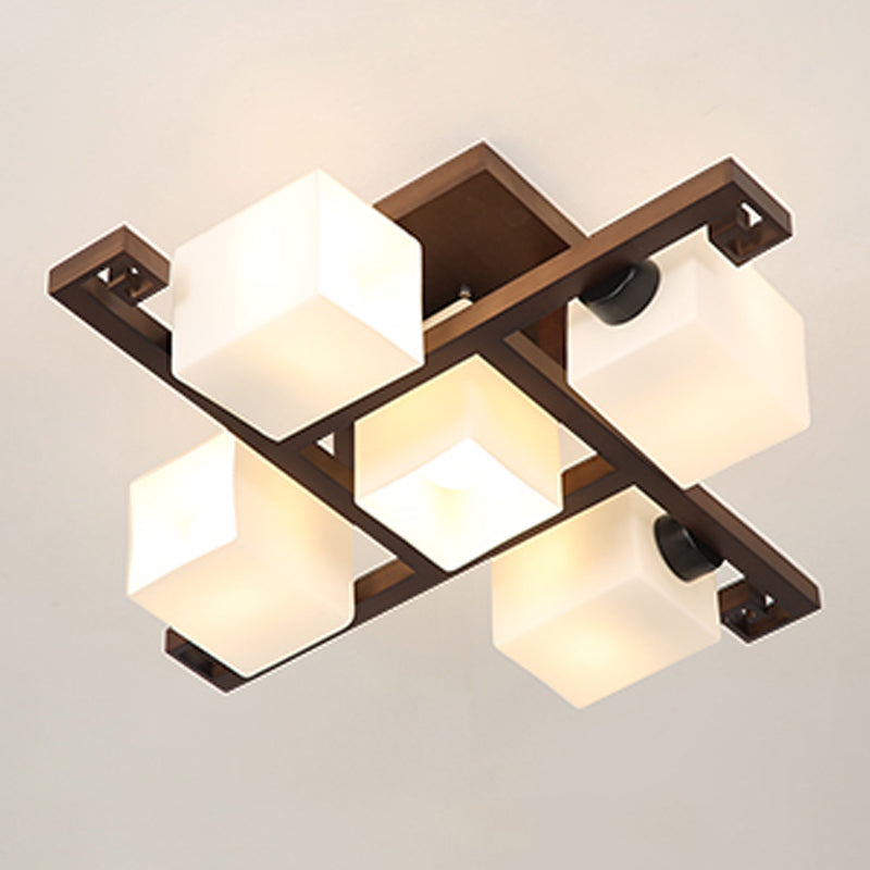 Contemporary Cube Flush Light Fixture Wood Flush Mount Ceiling Fixture in Brown