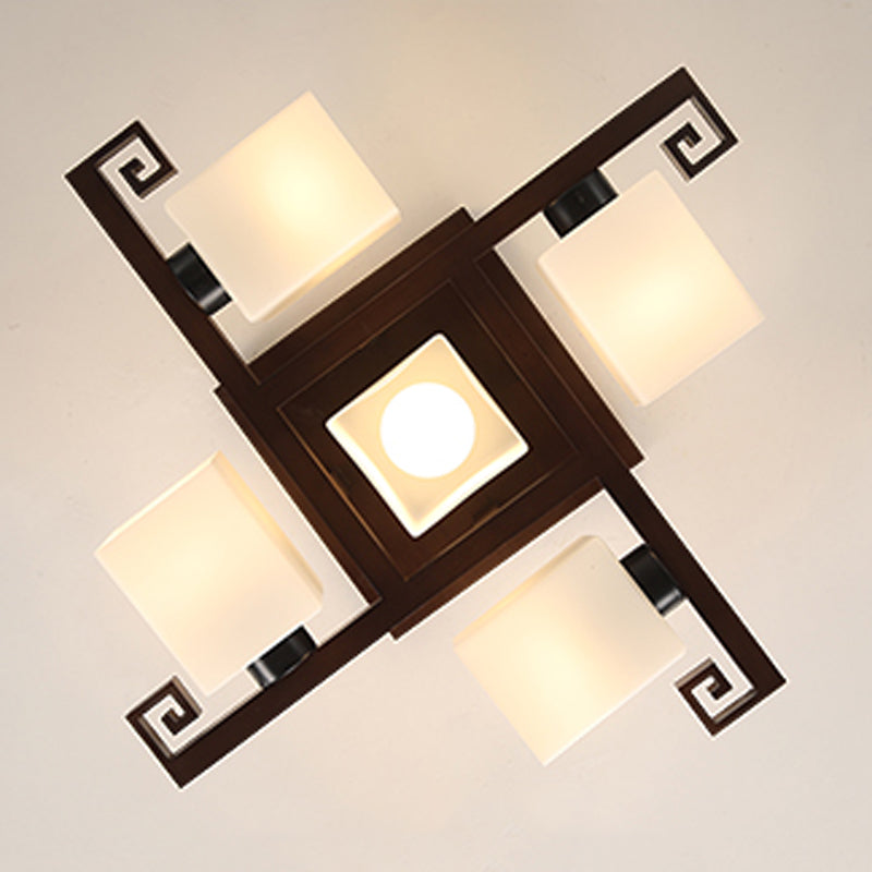 Contemporary Cube Flush Light Fixture Wood Flush Mount Ceiling Fixture in Brown