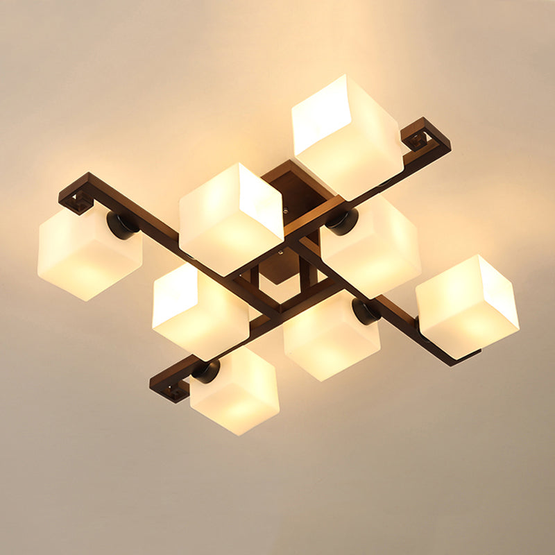 Contemporary Cube Flush Light Fixture Wood Flush Mount Ceiling Fixture in Brown