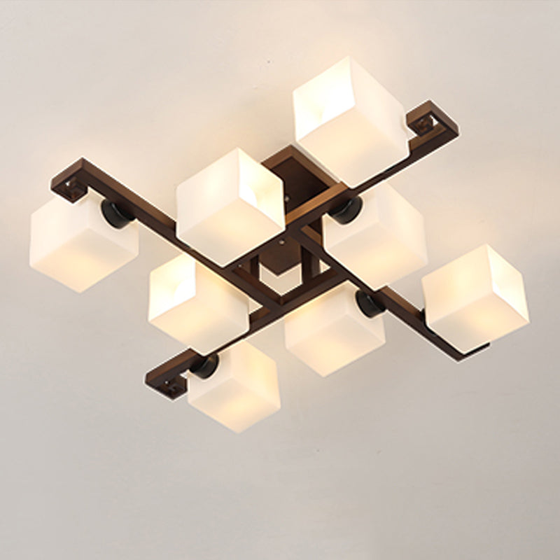 Contemporary Cube Flush Light Fixture Wood Flush Mount Ceiling Fixture in Brown