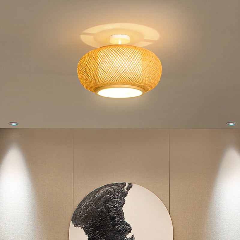 Round Shape Ceiling Lamp Asian Style Rattan 1 Light Flush Mount for Study