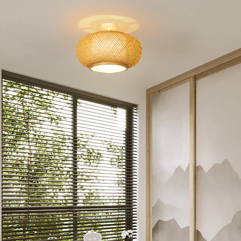 Round Shape Ceiling Lamp Asian Style Rattan 1 Light Flush Mount for Study