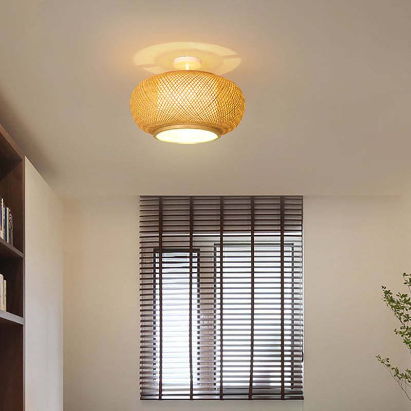 Round Shape Ceiling Lamp Asian Style Rattan 1 Light Flush Mount for Study