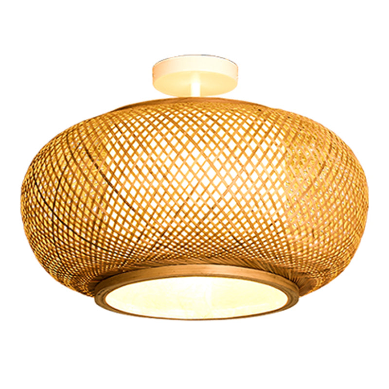 Round Shape Ceiling Lamp Asian Style Rattan 1 Light Flush Mount for Study