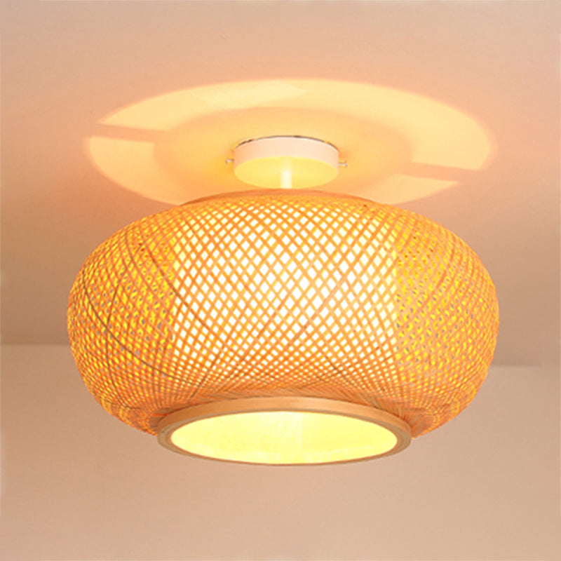 Round Shape Ceiling Lamp Asian Style Rattan 1 Light Flush Mount for Study