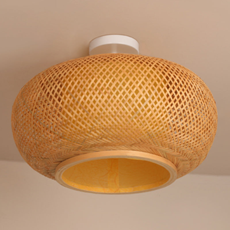 Round Shape Ceiling Lamp Asian Style Rattan 1 Light Flush Mount for Study