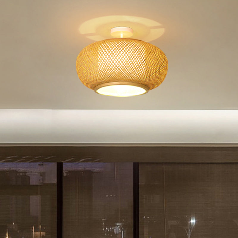 Lampada a soffitto a forma rotonda in stile asiatico rattan 1 guscio leggero per studio