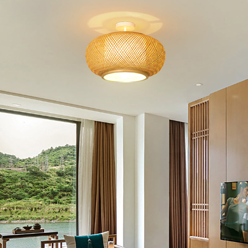 Round Shape Ceiling Lamp Asian Style Rattan 1 Light Flush Mount for Study