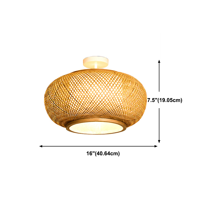 Round Shape Ceiling Lamp Asian Style Rattan 1 Light Flush Mount for Study