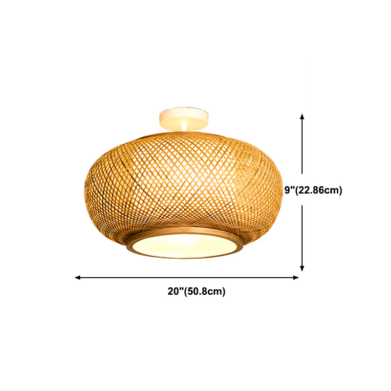 Round Shape Ceiling Lamp Asian Style Rattan 1 Light Flush Mount for Study