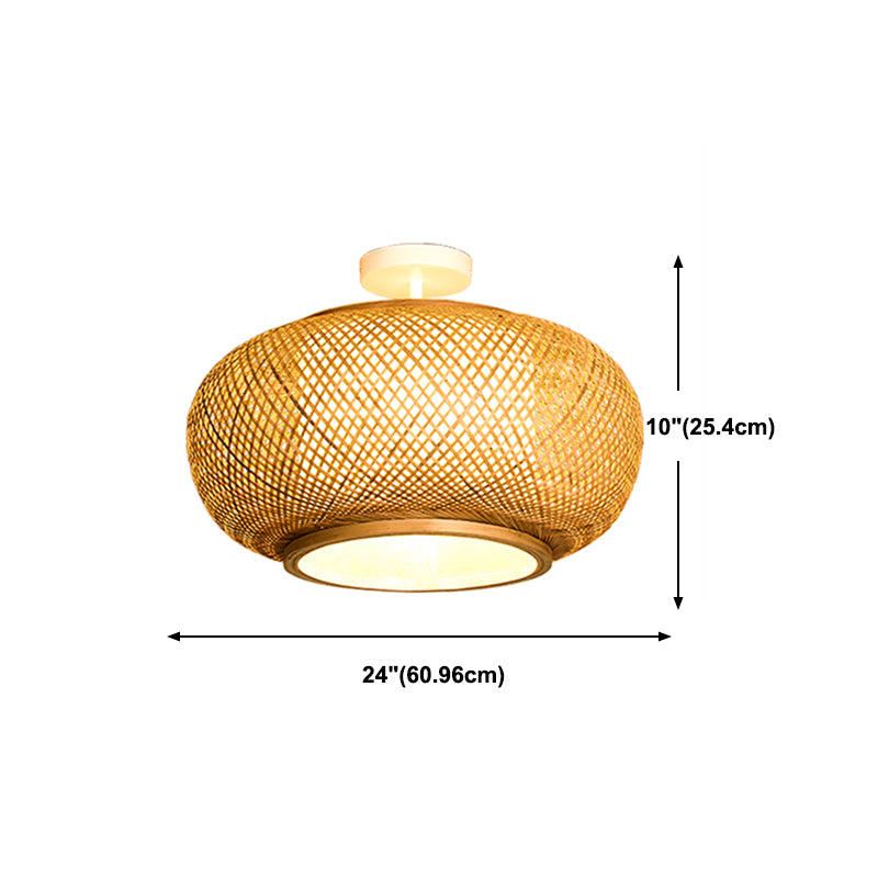 Round Shape Ceiling Lamp Asian Style Rattan 1 Light Flush Mount for Study