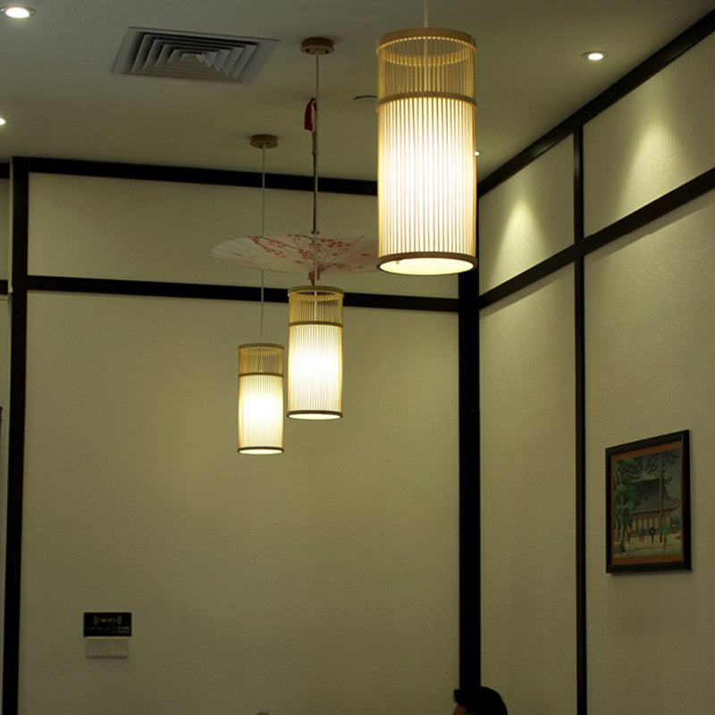 Cylindrical Restaurant Pendant Light Bamboo 1 Head Chinoiserie Hanging Light