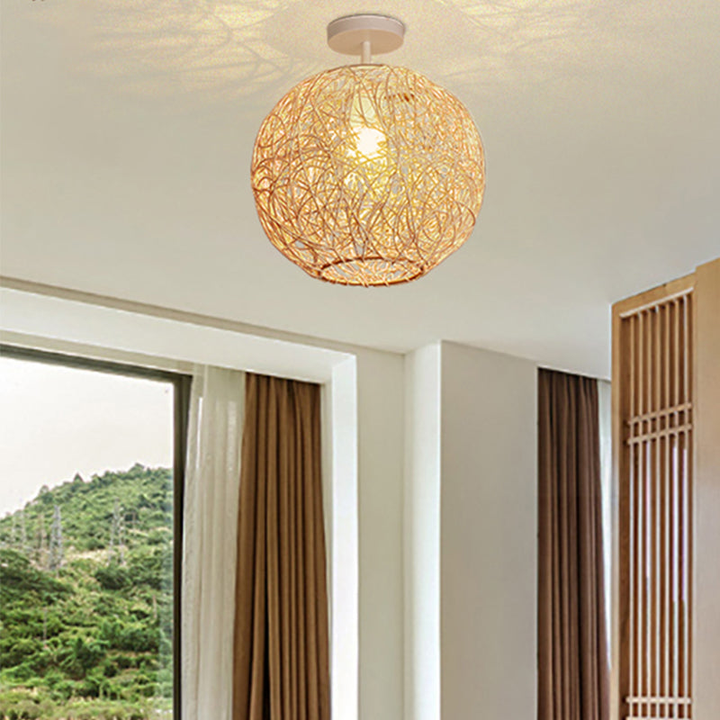 Ball Shape Ceiling Lamp Asian Style Rattan 1 Light Flush Mount for Dining Room