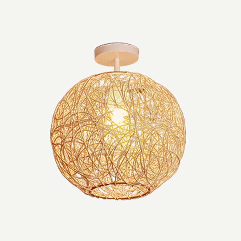 Ball Shape Ceiling Lamp Asian Style Rattan 1 Light Flush Mount for Dining Room