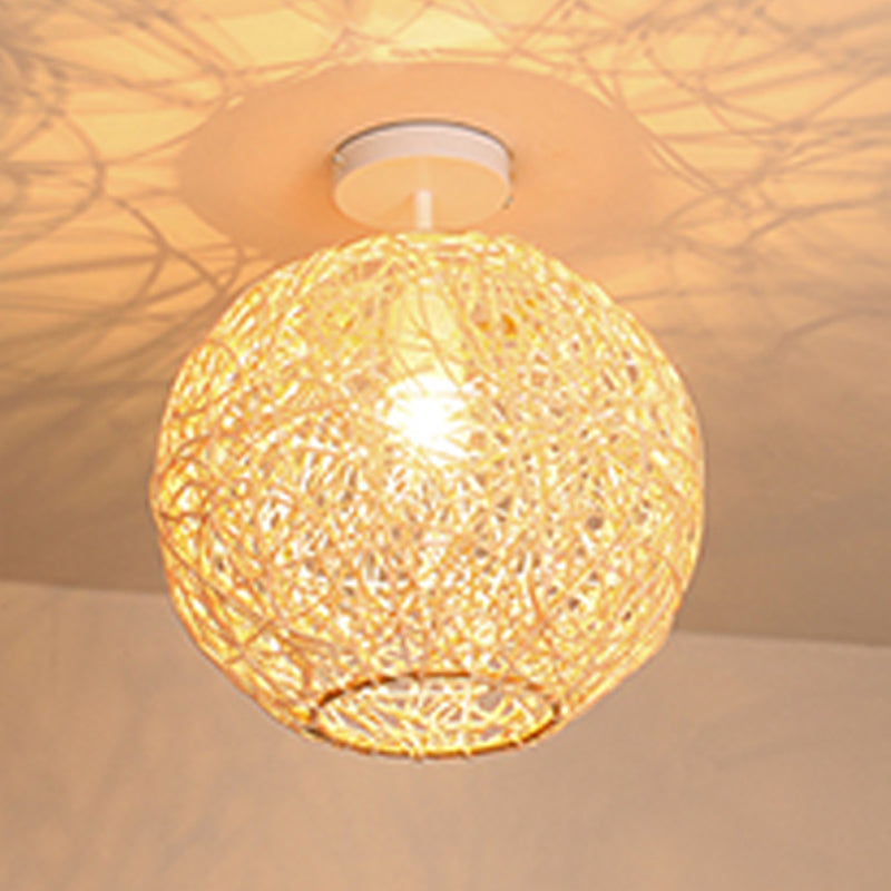 Ball Shape Ceiling Lamp Asian Style Rattan 1 Light Flush Mount for Dining Room