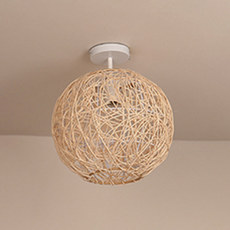 Ball Shape Ceiling Lamp Asian Style Rattan 1 Light Flush Mount for Dining Room