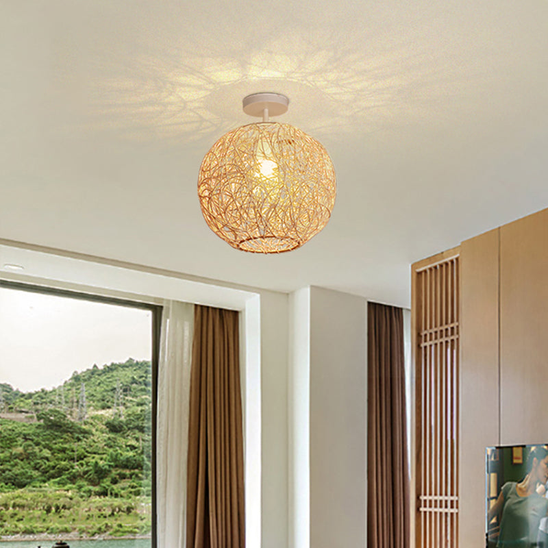 Ball Shape Ceiling Lamp Asian Style Rattan 1 Light Flush Mount for Dining Room