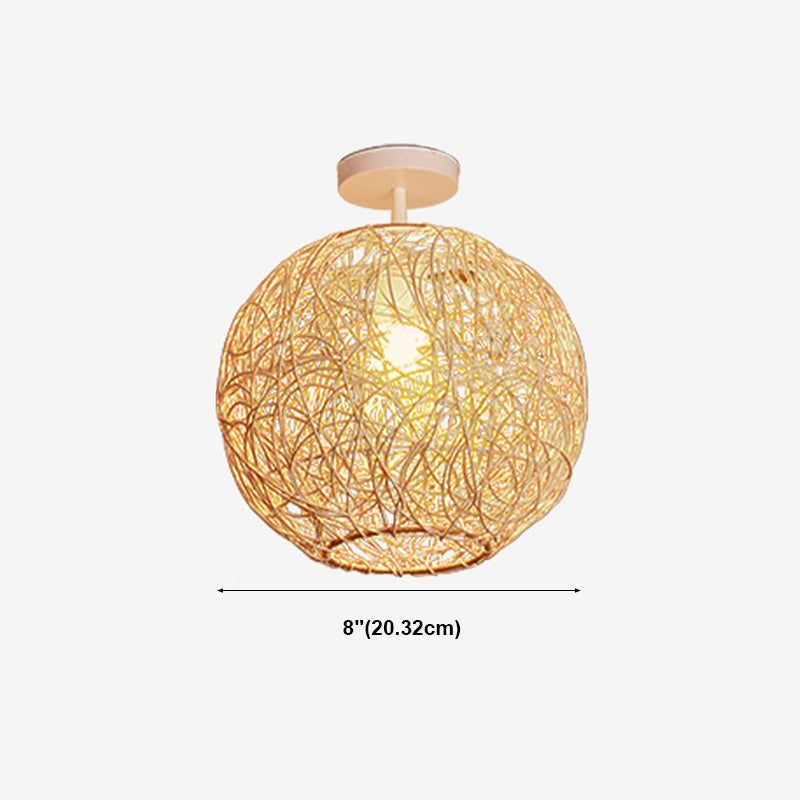 Ball Shape Ceiling Lamp Asian Style Rattan 1 Light Flush Mount for Dining Room