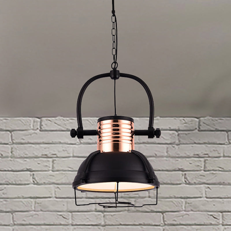 Matte Black 1 Light Light Light Light Industrial Metallic Dome Ombra del soffitto con diffusore in vetro e gabbia di filo