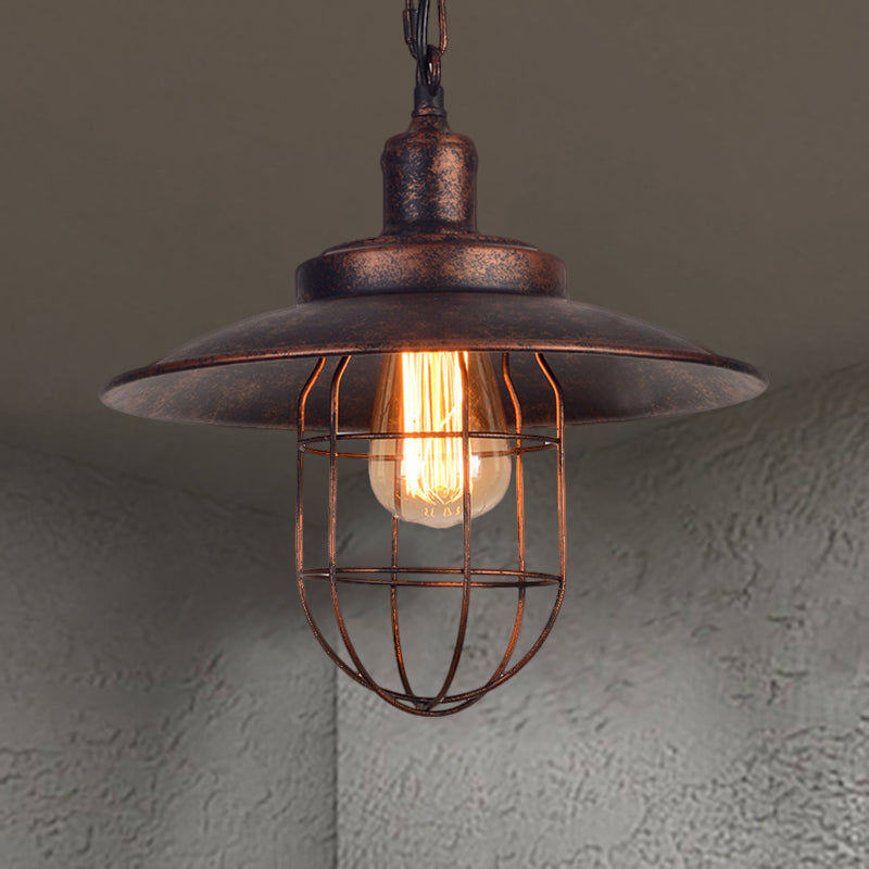 Nautical Saucer Ceiling Light with Cage Shade 1 Light Wrought Iron Hanging Pendant Light in Rust