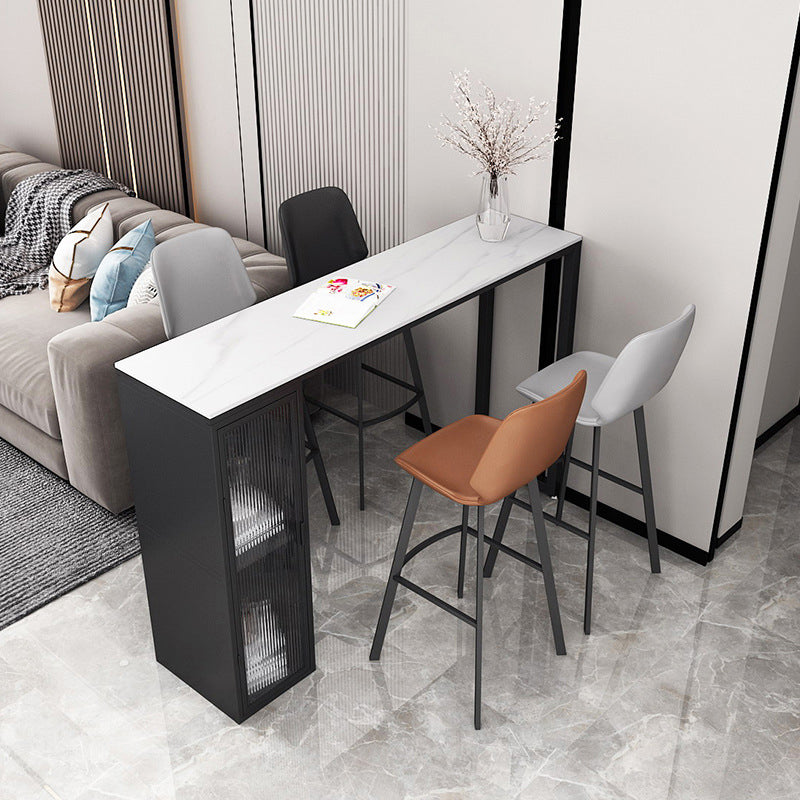 White Modern Style Table in Faux Marble and Metal with Shelf Bar Table