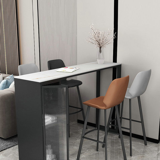 White Modern Style Table in Faux Marble and Metal with Shelf Bar Table