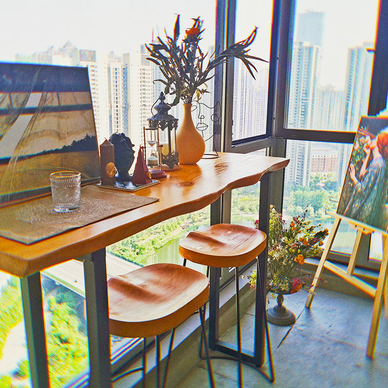 Brown Modern Style Table in Pine Wood and Metal Balcony Bar Table