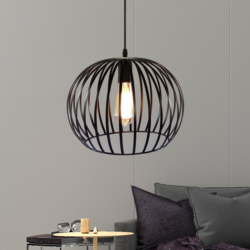 12"/14" Wide Globe Cage Metal Ceiling Light Industrial 1 Bulb Living Room Pendant Lighting in Satin Black