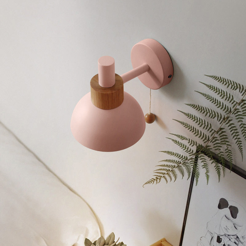 Luz de pared de metal nórdica Dome 6 "de ancho Macaron Plan de pared con madera para sala de estar