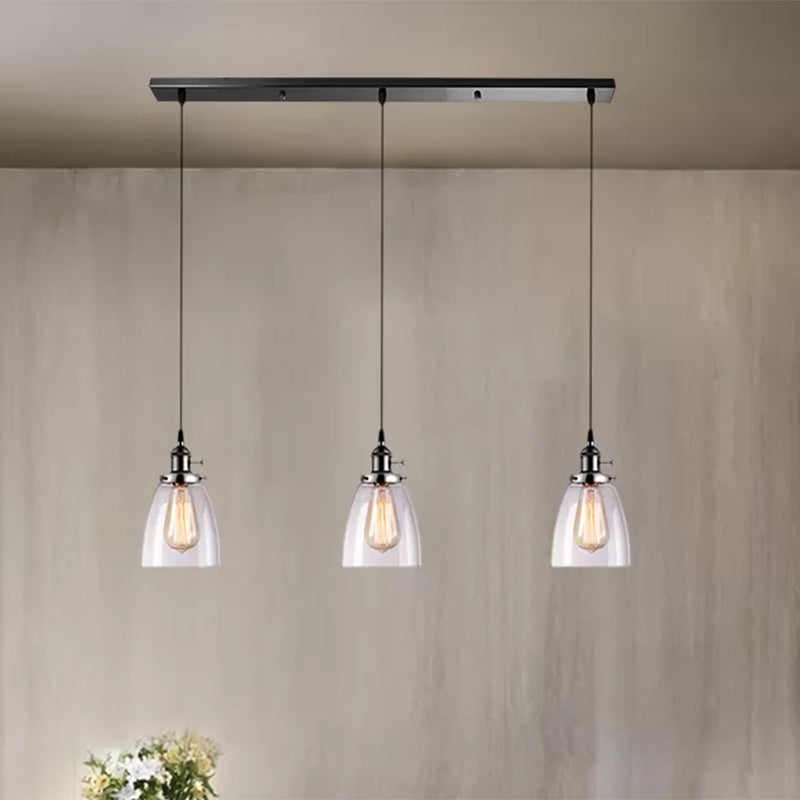 3 Lights Multi Pendant with Cone Shade Ribbed Clear Glass Farmhouse Dining Room Hanging Light Fixture, Linear Canopy