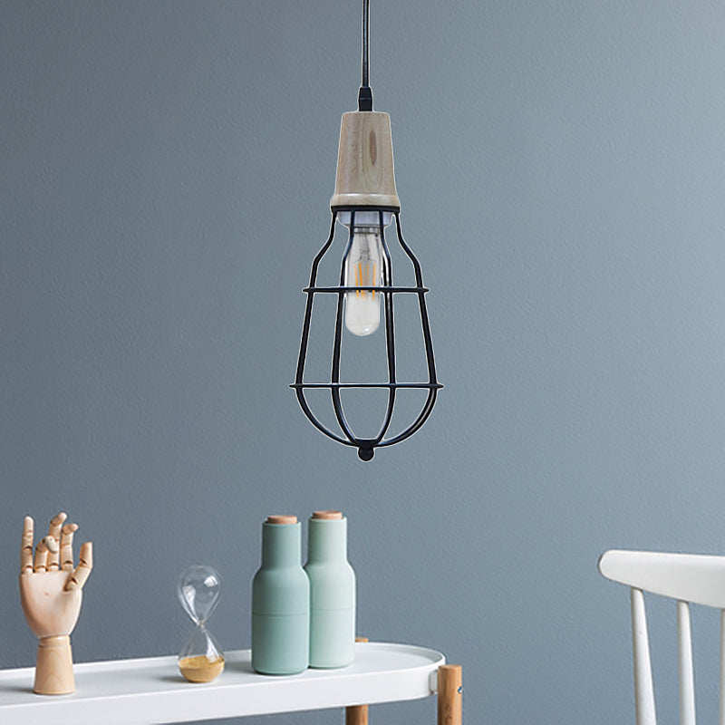 Mini Cage Suspension Light Rustic Lodge Metal 1 Éclairage pendentif de bulbe en noir pour café