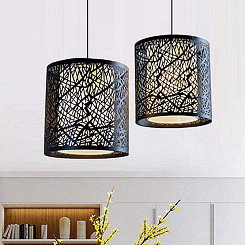 Etched Drum Metal Hanging Lamp Industrial 1 Light Dining Room Pendant Light in Black with Inner White Shade