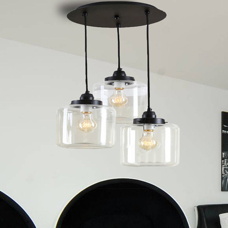 3 Lights Multiple Hanging Light Traditional Jar Shape Clear Glass Pendant Lighting in Black, Round Canopy