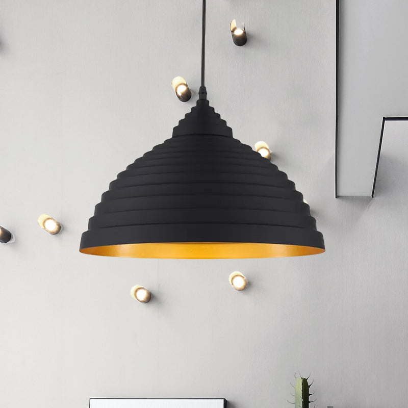 Ridged Dome Aluminum Pendant Lighting Retro 1 Bulb Coffee Shop Ceiling Light with Adjustable Cord in Black