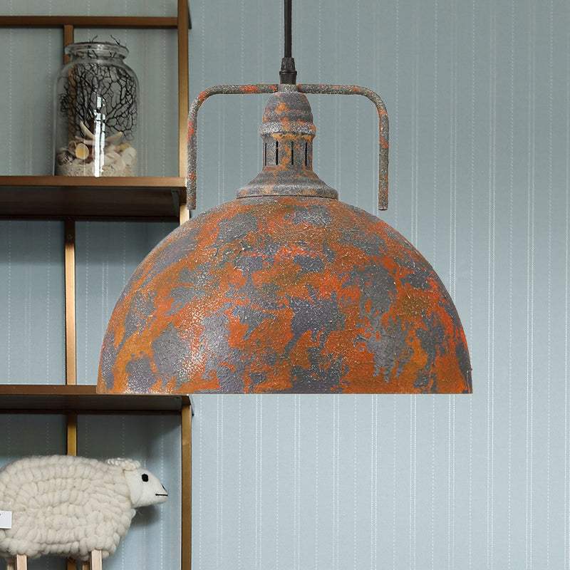 Rust Finish Domed Pendant Light Antique Style Wrought Iron 1 Head Dining Table Hanging Fixture with Vented Socket