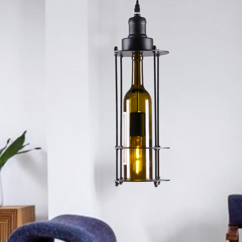 1 Light Hanging Light with Wine Bottle Glass Shade Industrial Style Kitchen Pendant Lamp in Green