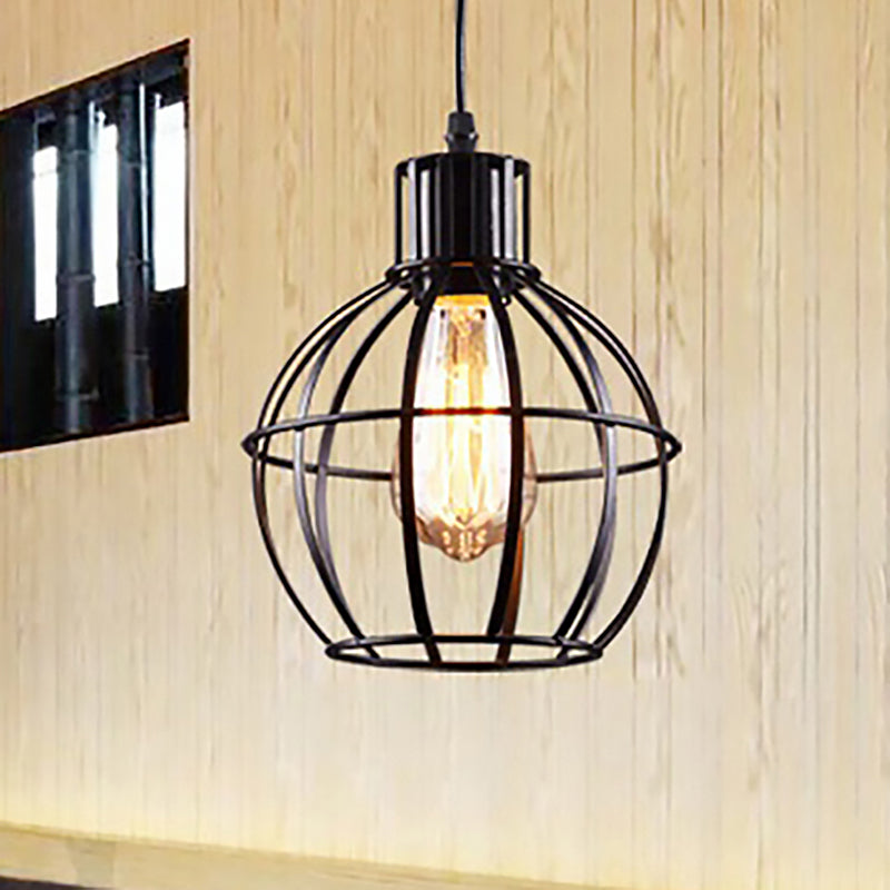 Black Finish 1 Bulb Pendant Hanging Light Industrial Metal Ball Cage Shade Ceiling Lamp for Restaurant