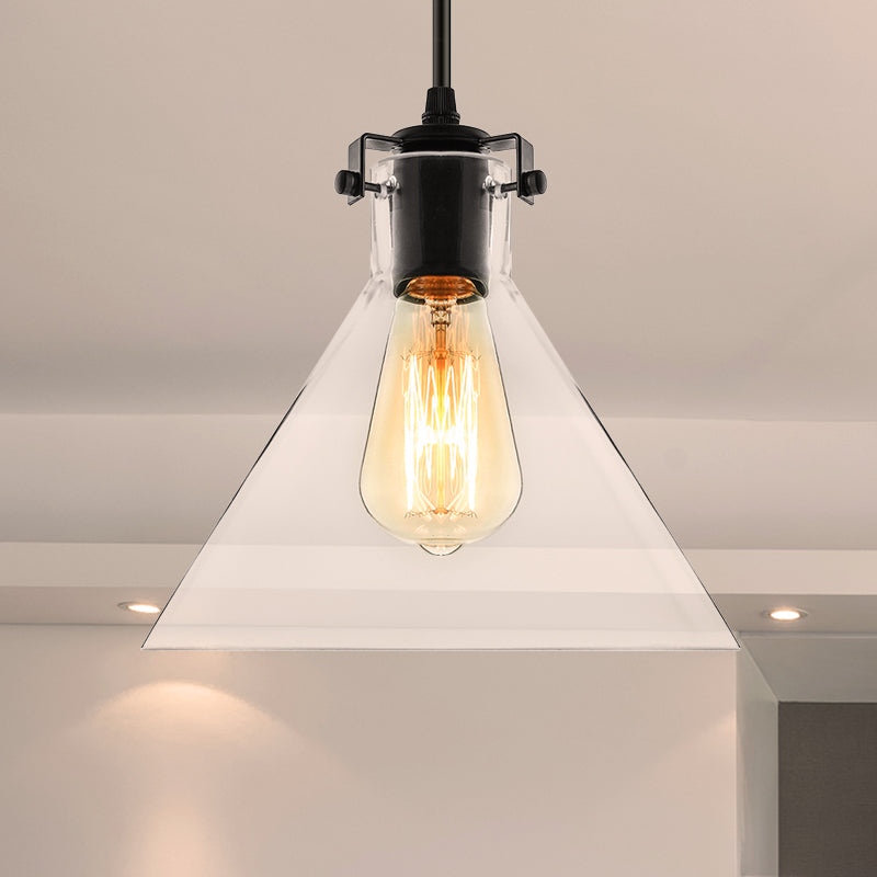 1 Light Cone Pendant Lighting Industrial Black Clear Glass Hanging Light Fixture for Living Room