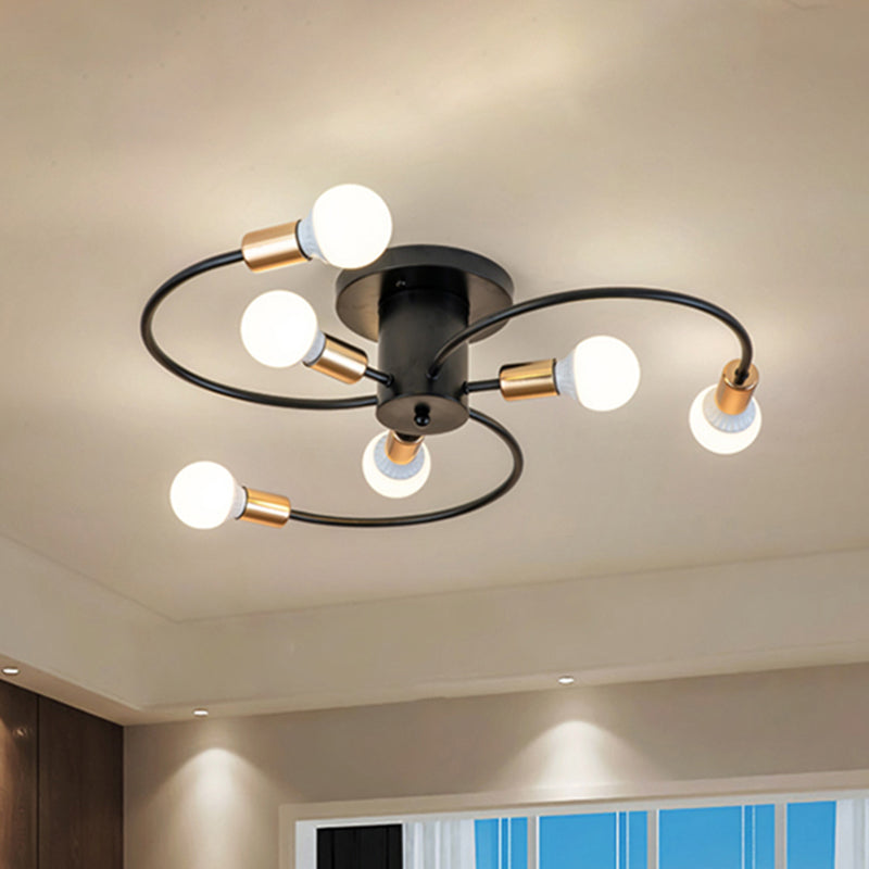 6 Lights Swirl Semi Flush Mount Nordic Metal Gold/Black Living Room Ceiling Flush Mount Light